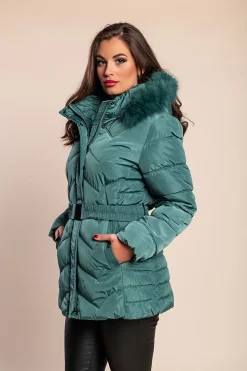 Giacca imbottita corta taglia comoda con cappuccio, verde