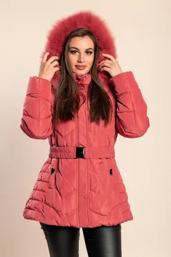 Giacca imbottita corta taglie forti con cappuccio, fucsia