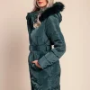 Giacca invernale lunga imbottita con cappuccio, petrolio
