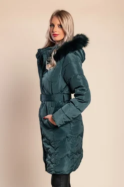 Giacca invernale lunga imbottita con cappuccio, petrolio
