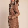 Giacca invernale lunga imbottita con cappuccio, cammello