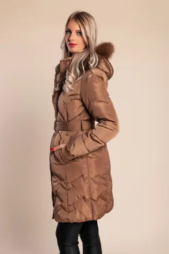 Giacca invernale lunga imbottita con cappuccio, cammello