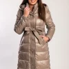 Giacca lunga imbottita con cappuccio, beige