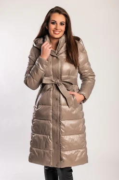 Giacca lunga imbottita con cappuccio, beige