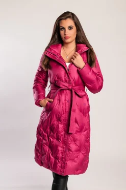 Giacca lunga imbottita con cappuccio, fucsia