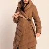 Giacca lunga imbottita con cappuccio, cammello
