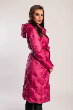 Giacca lunga imbottita con cappuccio, fucsia