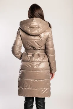 Giacca lunga imbottita con cappuccio, beige