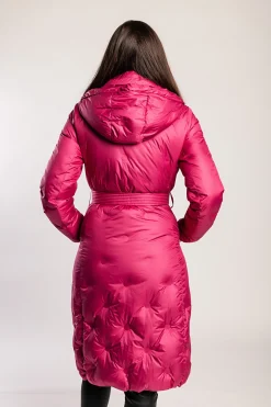 Giacca lunga imbottita con cappuccio, fucsia
