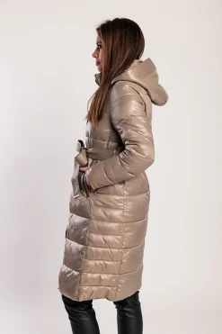 Giacca lunga imbottita con cappuccio, beige