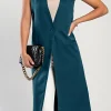 Gilet lungo elegante con bottone, petrolio