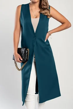 Gilet lungo elegante con bottone, petrolio