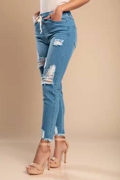 Jeans attillati a vita alta e spacchi Stefana, celeste