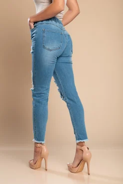 Jeans attillati a vita alta e spacchi Stefana, celeste