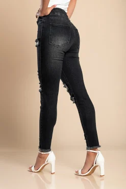 Jeans attillati a vita alta e spacchi Stefana, nero