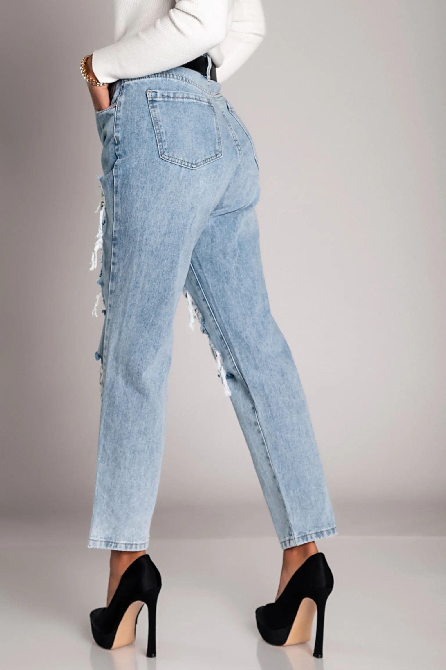 Jeans dritti strappati Volenta, azzurro