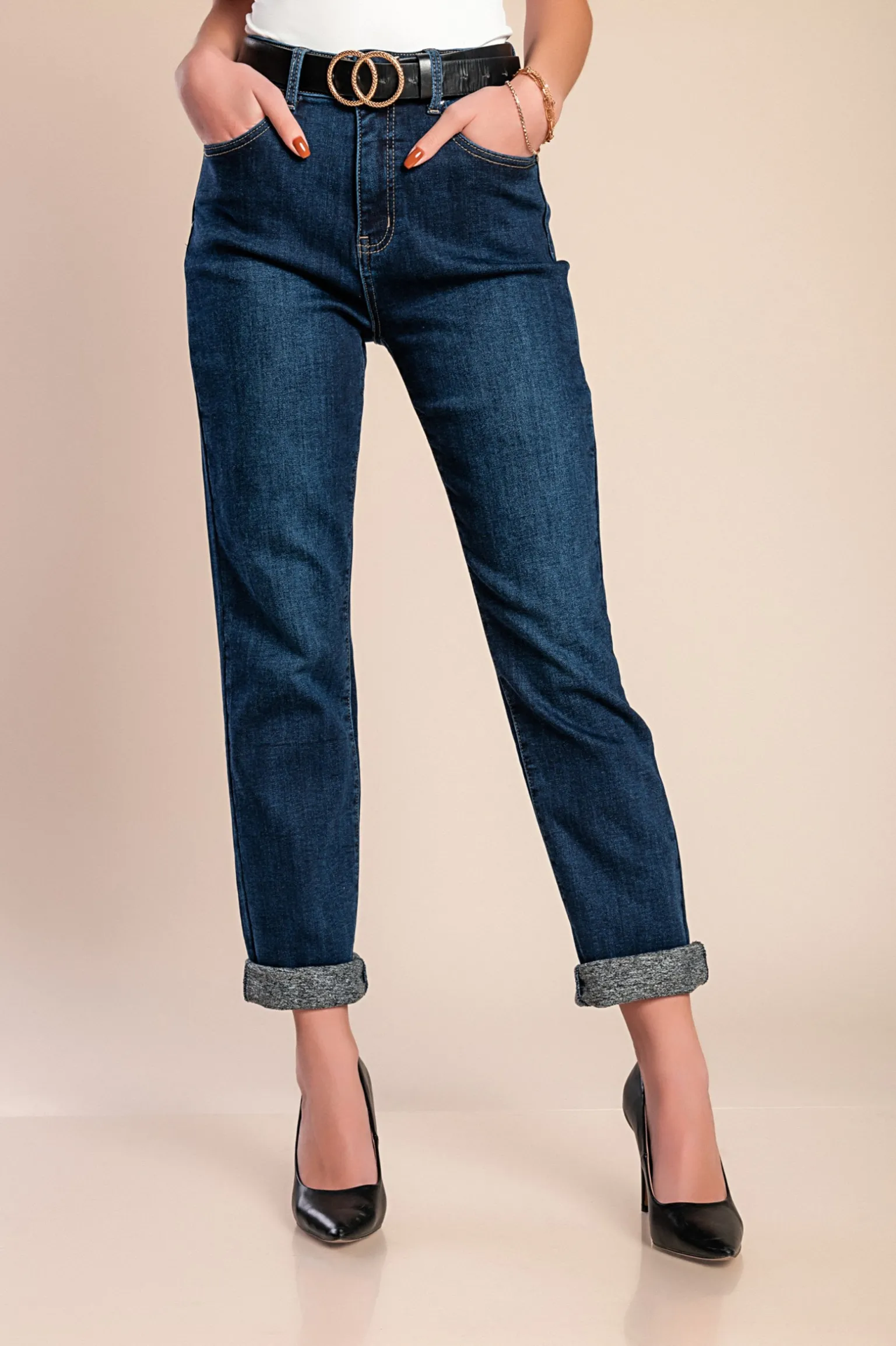 Jeans termici taglie forti con pantaloni attillati, blu scuro