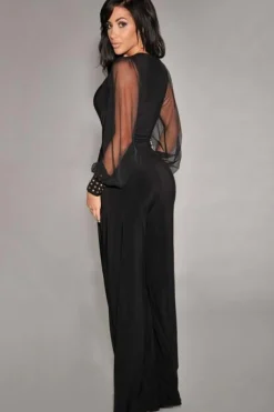 JUMPSUIT ELEGANTE CON SCOLLO A "V" E MANICHE TRASPARENTI CON RIVETTI GEORGINA, NERO