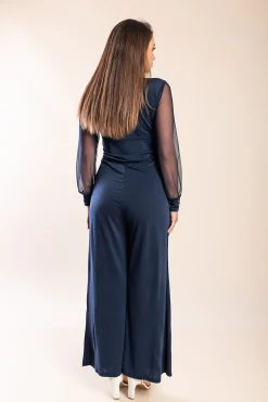 JUMPSUIT ELEGANTE CON SCOLLO A "V" E MANICHE TRASPARENTI CON RIVETTI GEORGINA, BLU SCURO