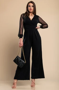 JUMPSUIT ELEGANTE CON SCOLLO A "V" E MANICHE TRASPARENTI CON RIVETTI GEORGINA, NERO