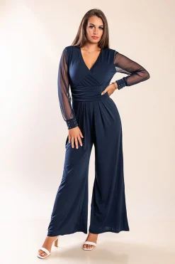 JUMPSUIT ELEGANTE CON SCOLLO A "V" E MANICHE TRASPARENTI CON RIVETTI GEORGINA, BLU SCURO