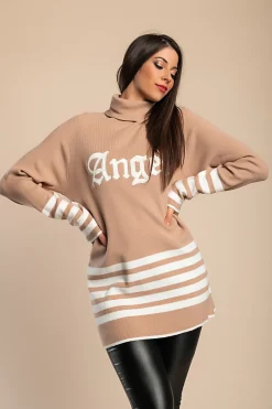 Maglia lunga con stampa a righe, cammello
