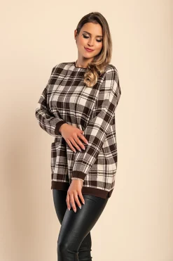 Maglia morbida con stampa scozzese, marrone