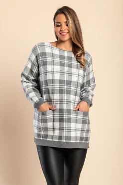 Maglia morbida con stampa a quadri, grigia