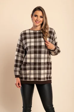 Maglia morbida con stampa scozzese, marrone