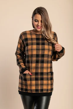 Maglia morbida con stampa scozzese, cammelli