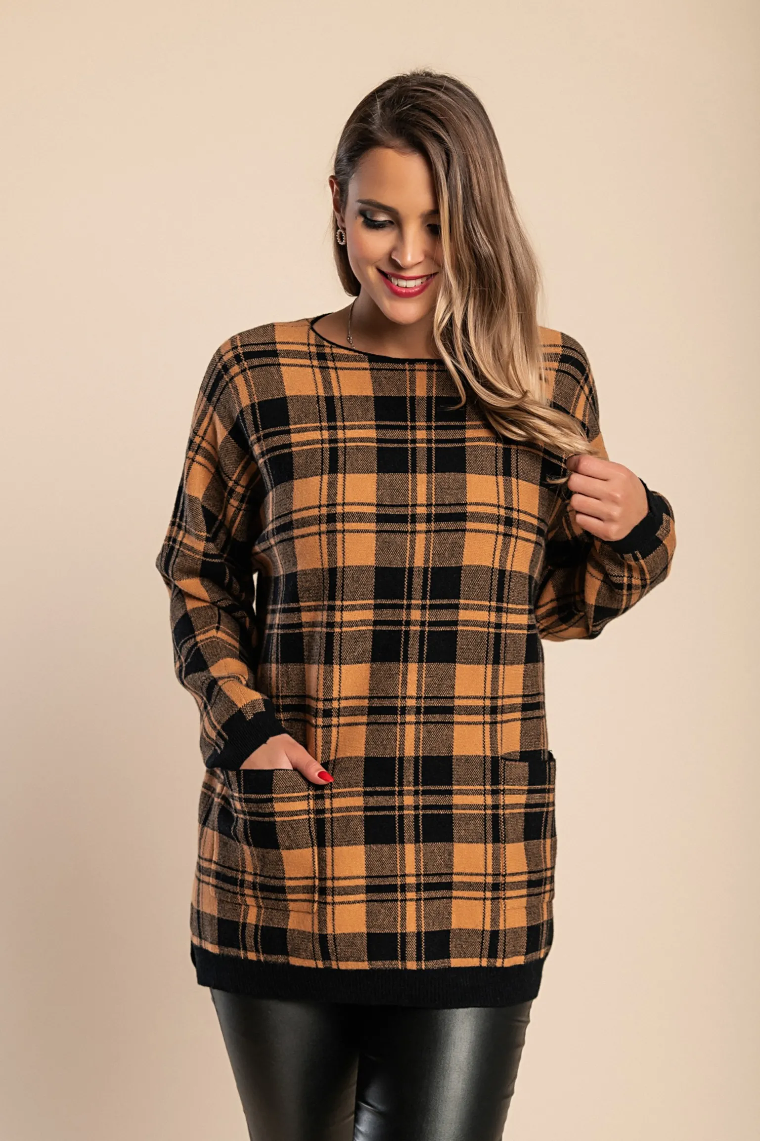 Maglia morbida con stampa scozzese, cammelli