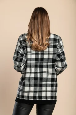 Maglia morbida con stampa scozzese, bianca e nera