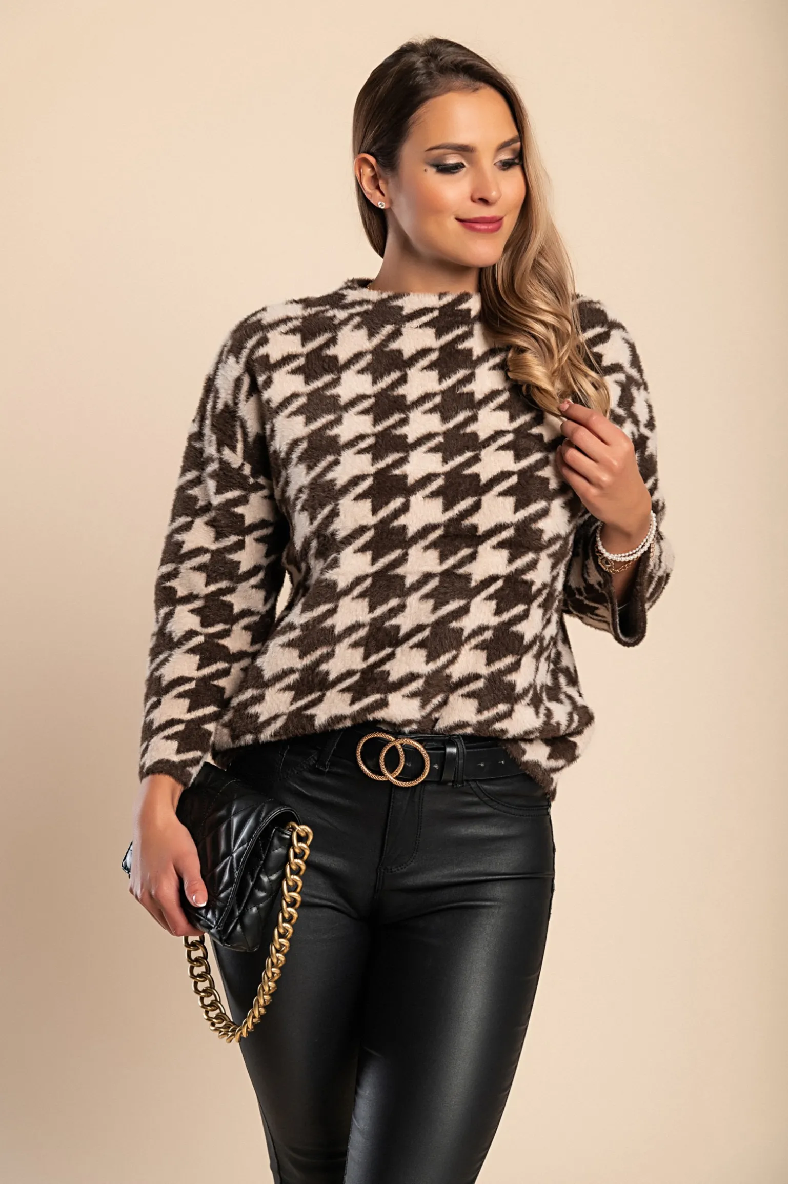 Maglia morbida stampa pepita, marrone