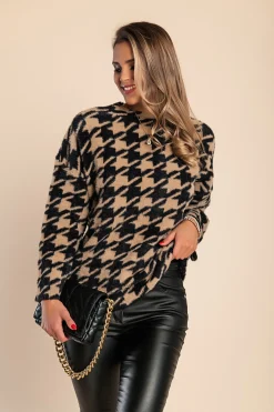 Maglia morbida stampa pepita, cammello