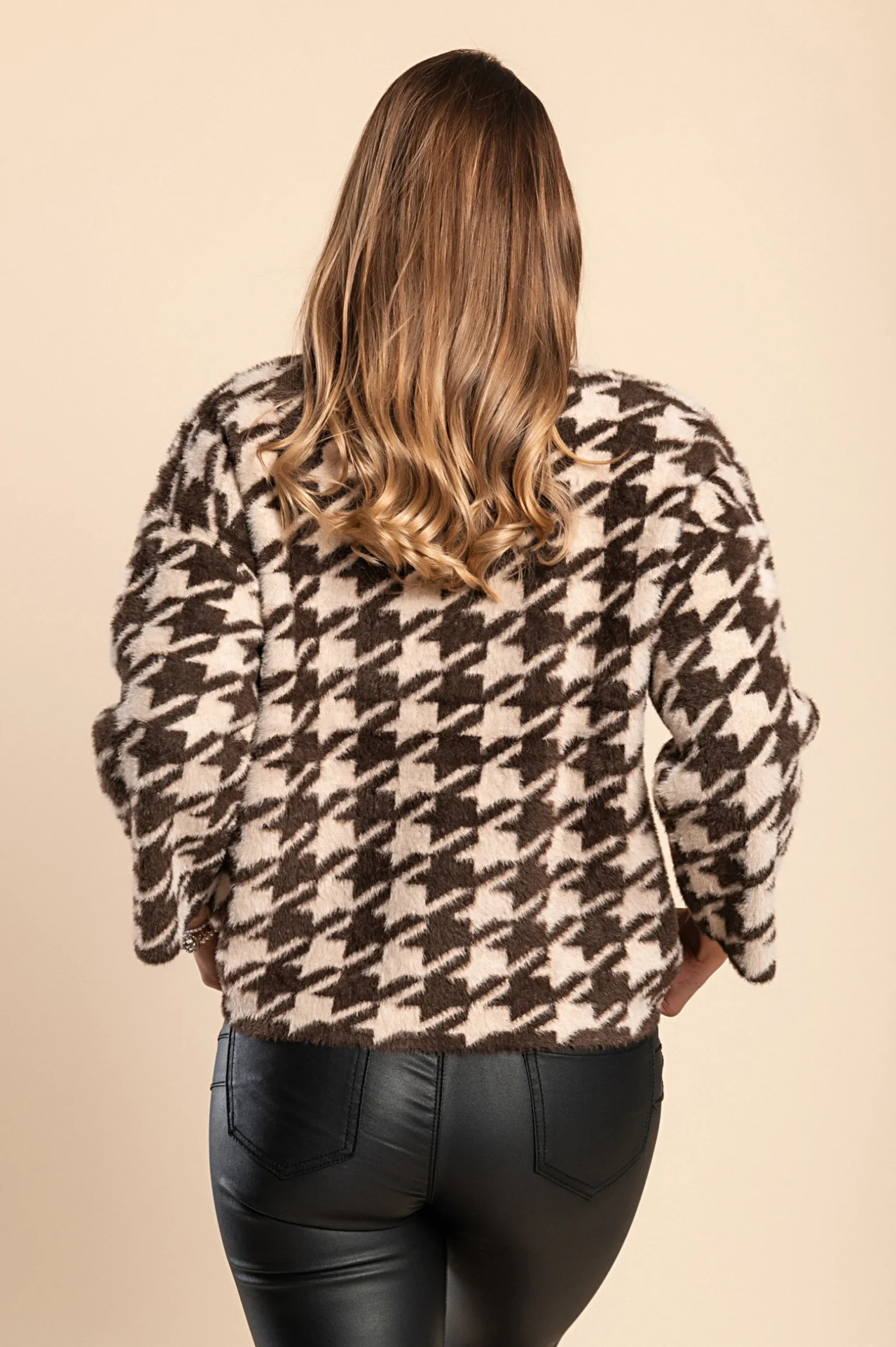 Maglia morbida stampa pepita, marrone