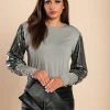 Maglietta con maniche scintillanti, grigio