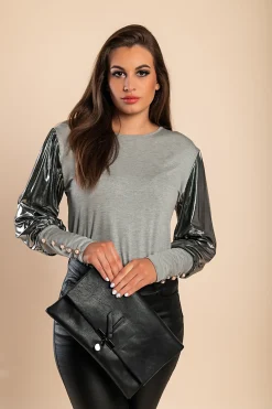 Maglietta con maniche scintillanti, grigio