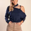 Maglietta elegante con scollo asimmetrico  Mirabelle, blu scuro