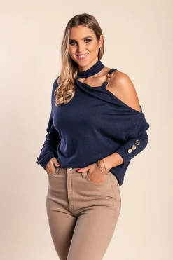 Maglietta elegante con scollo asimmetrico  Mirabelle, blu scuro