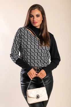 Maglietta elegante con stampa geometrica e zip Mattina, bianco