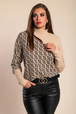 Maglietta elegante con stampa geometrica e zip Mattina, beige-nero