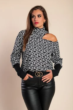 Maglietta elegante con stampa geometrica e scollo alto Venitya, nera