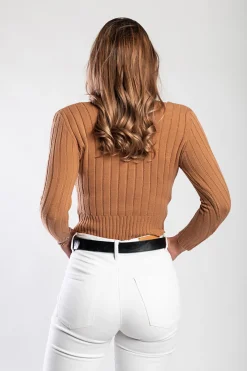 Maglietta girocollo in maglia, Cammello
