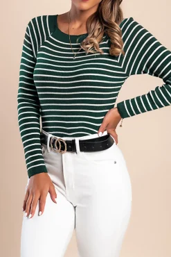 Maglietta lavorata a maglia con motivo a righe, verde scuro