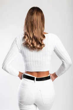 Maglietta lavorata a maglia con scollo rotondo, bianco