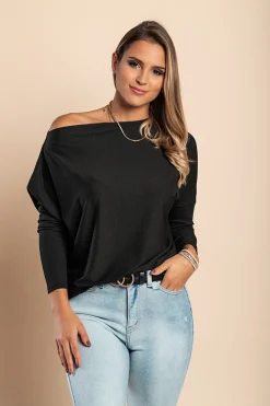 MAGLIETTA OVERSIZE CON SCOLLO A BARCA E MANICHE AMPIE DANICA, NERO