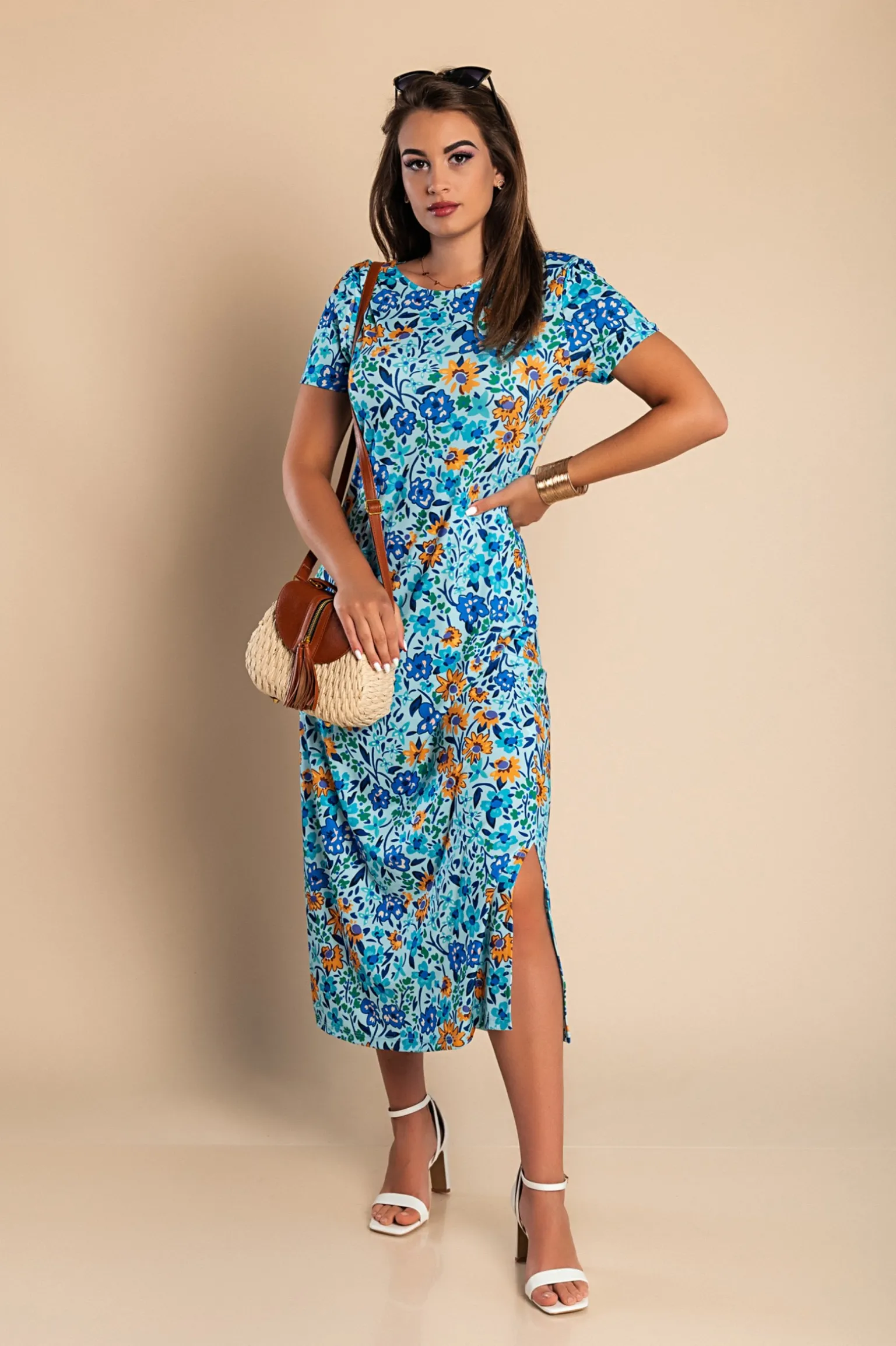 Maxi abito con stampa floreale, azzurro