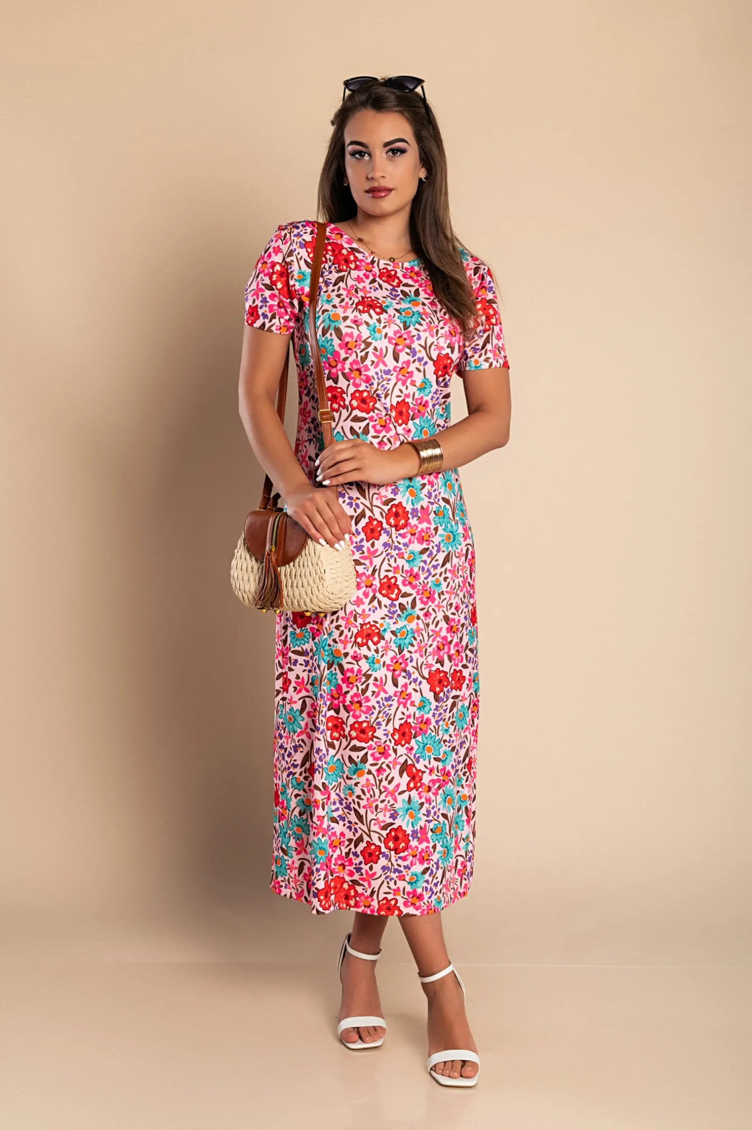 Maxi abito con stampa floreale, rosa