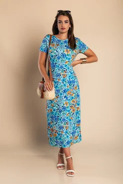 Maxi abito con stampa floreale, azzurro