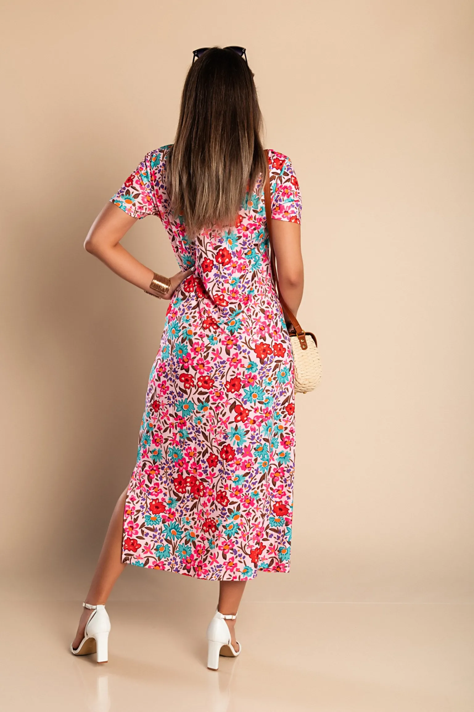 Maxi abito con stampa floreale, rosa